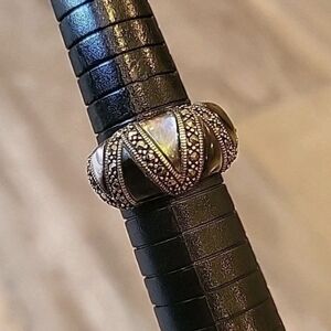 Vintage Marcasite Iridescent Abalone Sterling Silver Cocktail Ring, Size 8